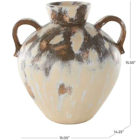 16" Cream Ceramic Antique Style Pot Vase with Arched Handles